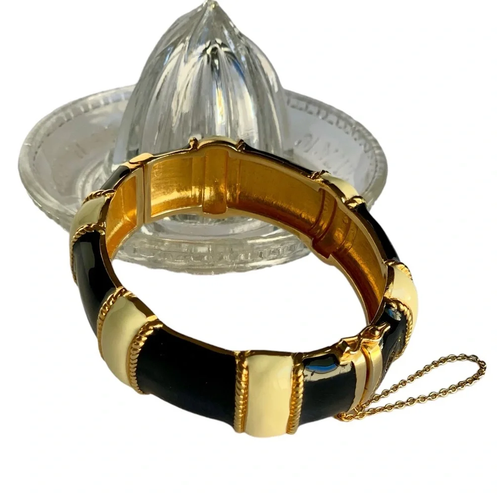 J. Crew Hinged Enameled Bracelet Bangle Cuff w/ Safety Chain - Picture 1 of 6